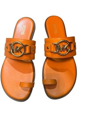 Michael Kors Orange Leather MK Circle Logo Toe Loop Slides
